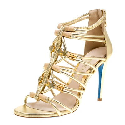 Pre-owned Loriblu Bijoux Metallic Gold Leather Crystal Embellished Strappy Sandals Size 37.5