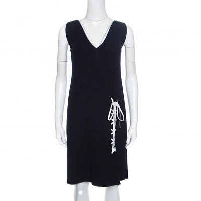 Pre-owned Dior Navy Blue Ribbed Wool Lace Tie Up Detail Sleeveless Dress L