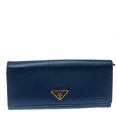 Pre-owned Prada Blue Saffiano Leather Continental Wallet