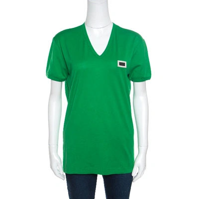 Pre-owned Dolce & Gabbana Parrot Green Cotton Logo Plaque Detail T-shirt L
