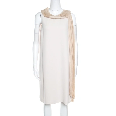 Pre-owned Fendi Beige Silk Pleated Faux Scarf Neck Detail Sleeveless Dress S