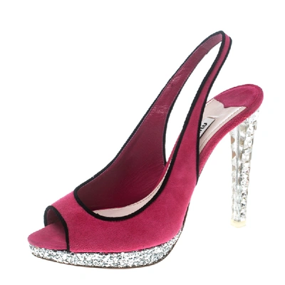 Pre-owned Miu Miu Pink Suede Crystal Embellished Heel Gliiter Platform Peep Toe Slingback Sandals Size 37.5