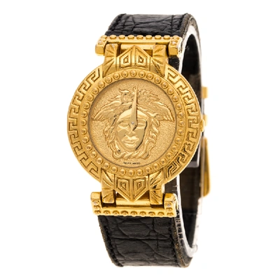 Pre-owned Versace Gianni  Signature Medusa Gold Plated Leather Women's Wristwatch 30mm