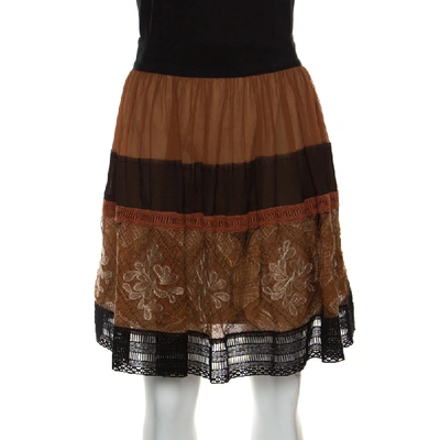 Pre-owned Alberta Ferretti Brown Silk Colorblock Lace Panel Detail Gathered Skirt L