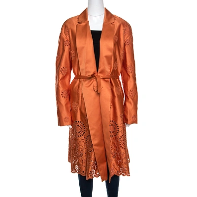 Pre-owned Rochas Orange San Gallo Eyelet Embroidered Duchesse Satin Belted Overcoat L