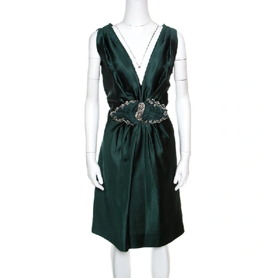 Pre-owned Alberta Ferretti Green Crystal Embellished Waist Detail Sleeveless Dress M