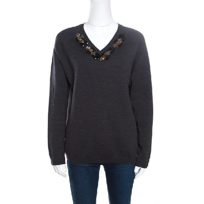 Pre-owned Marni Dark Grey Wool Crystal Embellished V Neck Jumper M