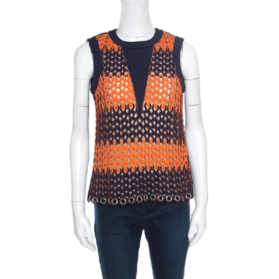 Pre-owned Balenciaga Blue And Neon Orange Open Loop Weave Detail Sleeveless Top S In Multicolor