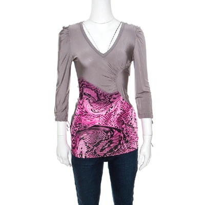 Pre-owned Just Cavalli Grey And Pink Animal Printed Ruched Long Sleeve Top S