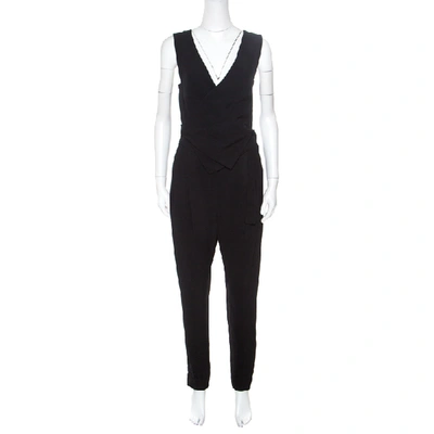 Pre-owned Lanvin Black Crepe Wrap Waistcoat Bodice Detail Tapered Jumpsuit S