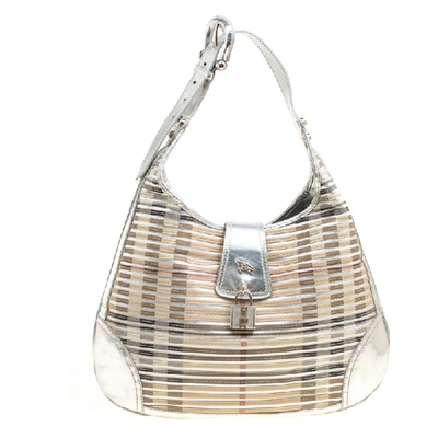 Pre-owned Burberry Silver Leather And Nova Check Pvc Brooke Hobo