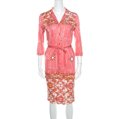 Pre-owned Emilio Pucci Pink Printed Silk Belted Shirt Dress S