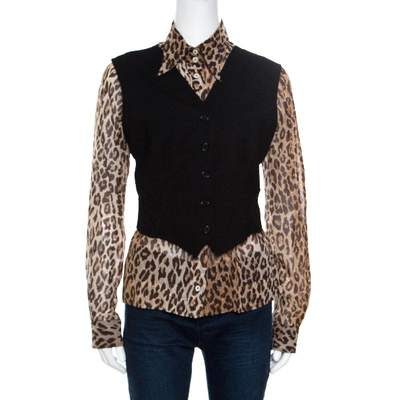 Pre-owned Dolce & Gabbana Black Wool Waistcoat Overlay Detail Silk Leopard Print Blouse M In Multicolor