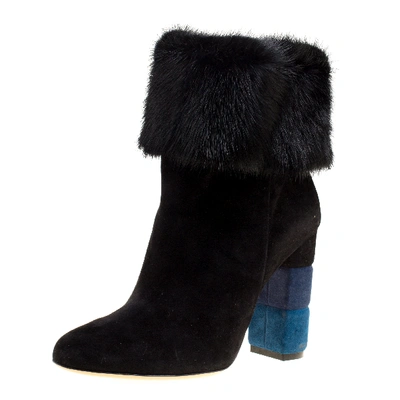 Pre-owned Ferragamo Black Suede Color Block Heel Loris Fur Trim Ankle Boots Size 37.5