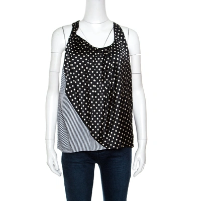 Pre-owned Acne Studios Acne Monochrome Shy Dots And Striped Panel Detail Silk Asymmetric Tank Top L In Black