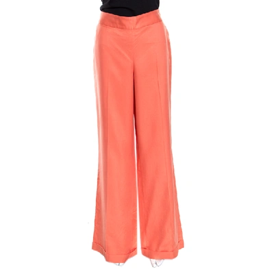 Pre-owned Ralph Lauren Coral Silk Twill Side Button Detail Wide Leg Pants L In Orange