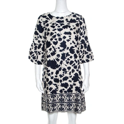 Pre-owned Ch Carolina Herrera Blue And Cream Floral Printed Linen Flounce Sleeve Tunic Dress M