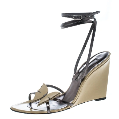 Pre-owned Sergio Rossi Beige/metallic Grey Leather Strappy Wedge Sandals Size 38
