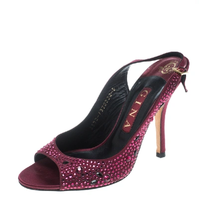Pre-owned Gina Red Satin Crystal Embellished Peep Toe Slingback Sandals Size 38