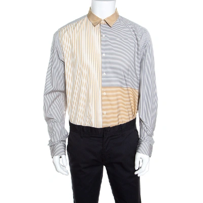 Pre-owned Ferragamo Grey And Mustard Multi Stripe Paneled Cotton Shirt Xl In Multicolor