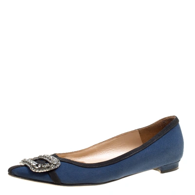 Pre-owned Manolo Blahnik Navy Blue Satin Gotrian Crystal Embellished Pointed Toe Flats Size 36.5