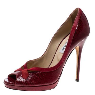 Pre-owned Jimmy Choo Red Embossed Lizard Patent Leather And Suede Trim Peep Toe Platform Pumps Size 40