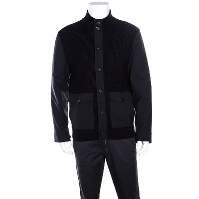 Pre-owned Ermenegildo Zegna High Performance Navy Blue Wool Leather Trim Detail Zip Front Cardigan S