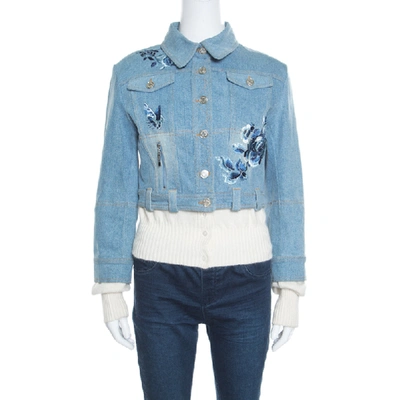 Pre-owned Dior Indigo Faded Effect Floral Embroidered Faux Layered Denim Jacket M In Blue