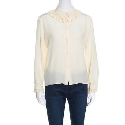 Pre-owned Kenzo Cream Ruffled Trim Detail Long Sleeve Silk Blouse M