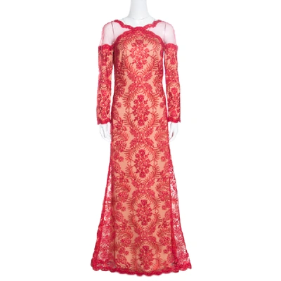 Pre-owned Tadashi Shoji Red Floral Lurex Embroidered Sheer Shoulder Detail Gown M