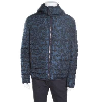 Pre-owned Ferragamo Blue Camo Print Hooded Zip Front Quilted Down Jacket Xl