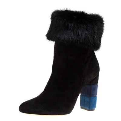 Pre-owned Ferragamo Black Suede Color Block Heel Loris Fur Trim Ankle Boots Size 40