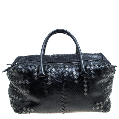 Pre-owned Bottega Veneta Black Python And Leather Intrecciato Detail Brick Bag