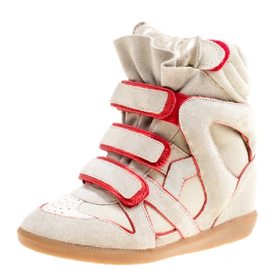 Pre-owned Isabel Marant Grey Suede With Metalllic Red Leather Trim Bekett Wedge Sneakers Size 35
