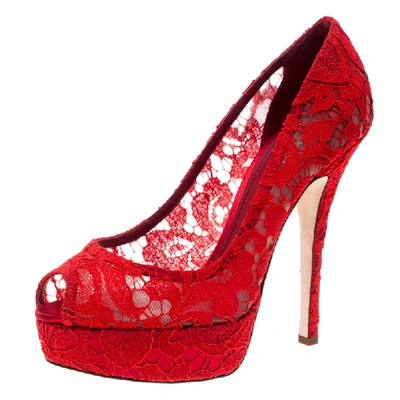 Pre-owned Dolce & Gabbana Red Lace Peep Toe Platform Pumps Size 39.5