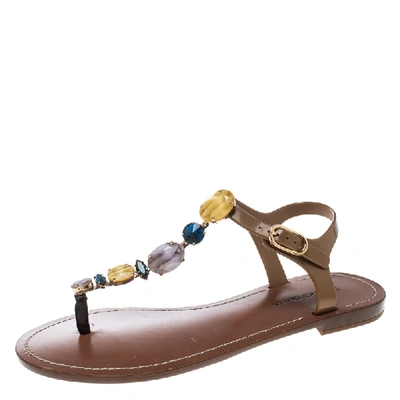 Pre-owned Dolce & Gabbana Multicolor Crystal Embellished Ankle Strap Flat Thong Sandals Size 38 In Brown