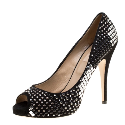 Pre-owned Valentino Garavani Black Suede Crystal Embellished Bridal Peep Toe Platform Pumps Size 40