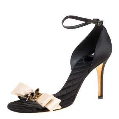 Pre-owned Dolce & Gabbana Beige/ Black Satin Ankle Strap Open Toe Sandals Size 40