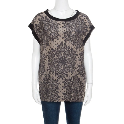 Pre-owned Dolce & Gabbana Beige And Black Lace Printed Silk Raw Edged Top M