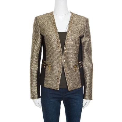 Pre-owned Michael Michael Kors Gold Contrast Paneled Embellished Front Open Blazer M