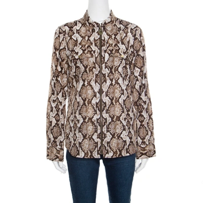 Pre-owned Michael Michael Kors Brown And White Python Scale Printed Zip Front Blouse M
