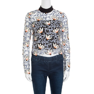 Pre-owned Self-portrait Self Portrait Dove Grey Floral Embroidered Cutout Guipure Lace Cropped Peony Blouse S In Blue