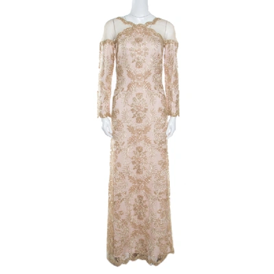 Pre-owned Tadashi Shoji Light Gold Metallic Cord Embroidered Detail Tulle Evening Gown S