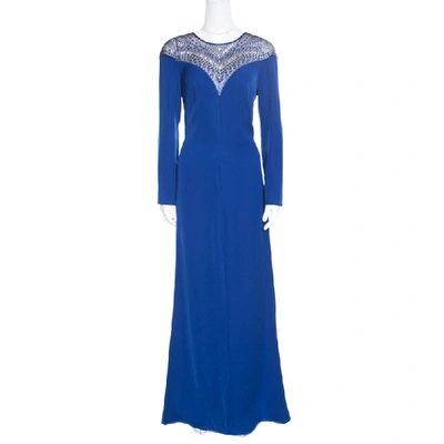 Pre-owned Tadashi Shoji Royal Blue Crepe Embellished Yoke Detail Evening Gown M