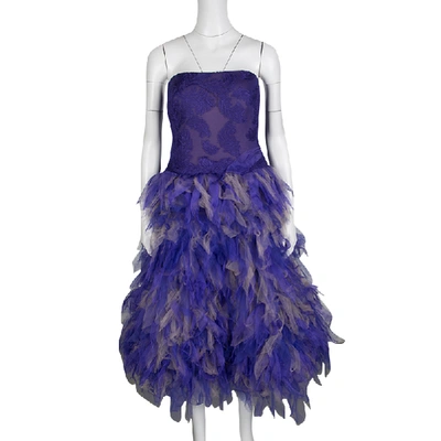 Pre-owned Tadashi Shoji Purple And Begie Tulle Embroidered Faux Feather Strapless Dress L