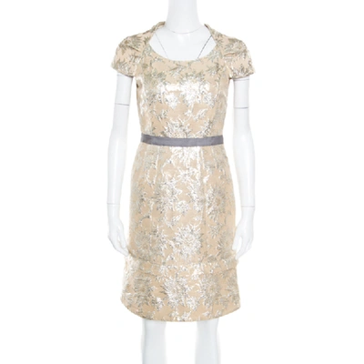 Pre-owned Marc By Marc Jacobs Beige Floral Lurex Jacquard Contrast Waistband Cap Sleeve Dress S