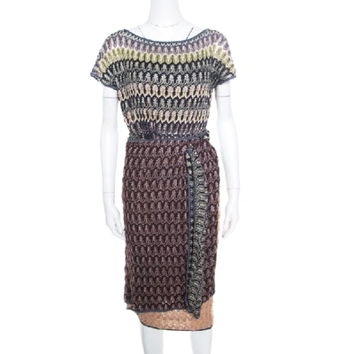 Pre-owned Missoni Multicolor Perforated Knit Short Sleeve Wrap Dress M