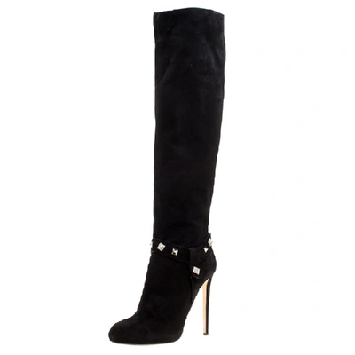 Pre-owned Le Silla Enio Silla For  Black Suede Crystal Embellished Pyramid Studs Knee Length Boots Size 40