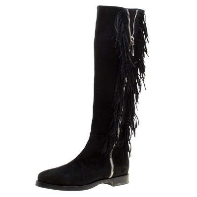 Pre-owned Le Silla Black Suede Fringe Trim Knee Length Boots Size 37.5