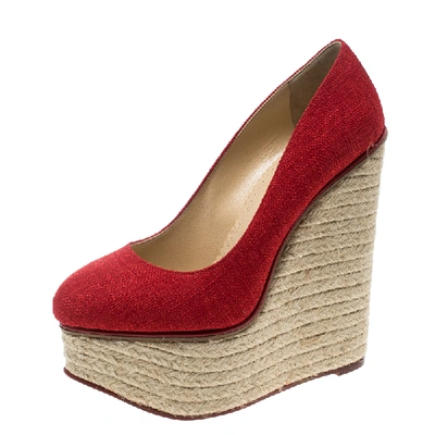 Pre-owned Charlotte Olympia Red Canvas Carmen Espadrille Platform Wedge Pumps Size 37